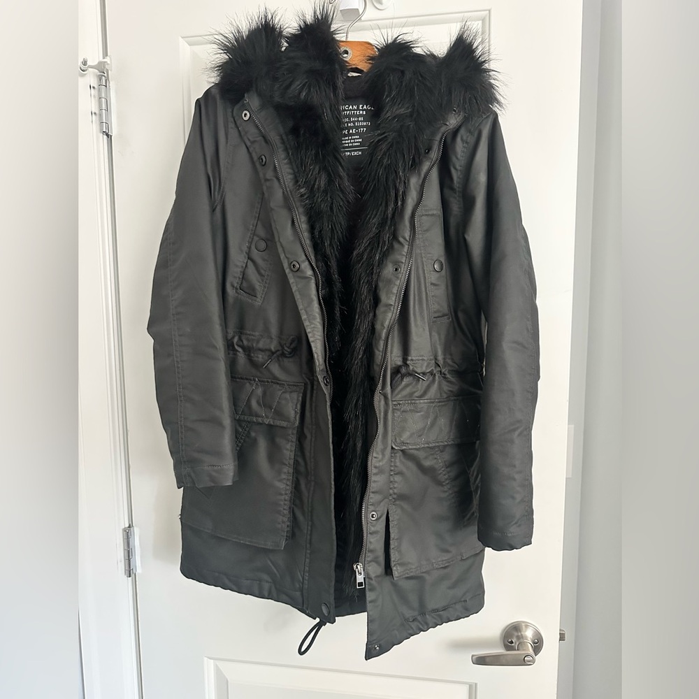 American Eagle Outfitters Black Parka with Faux Fur Trim